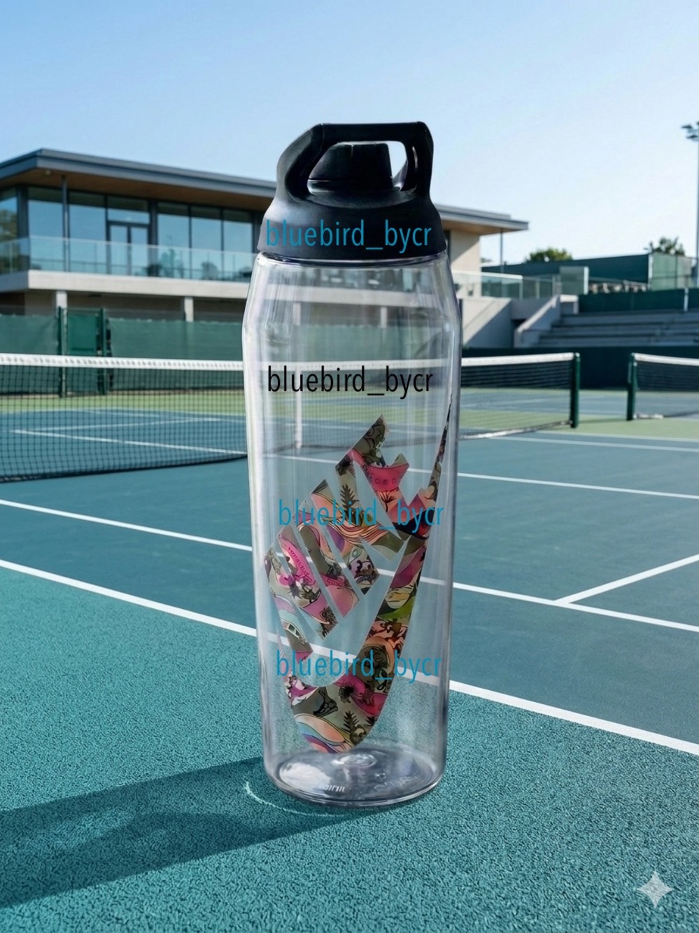 Nike Clear Bottle with Multicolor Floral Logo and Black Lid